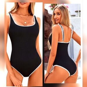 NWOT Blooming Jelly Black One-Piece Swimsuit with White Trim
